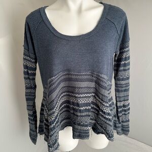 Free People blue multicolor print waffle knit high-low swing top